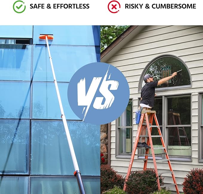 23 ft High Reach Window Squeegee & Cobweb Duster with Extension Pole, 2 in 1 Squeegee for Window Cleaning, Spider Web Brush with Lightweight 4-16.5 ft Telescoping Pole for Outdoor Indoor Car Cleaning
