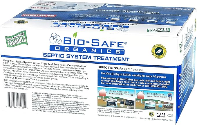 B.O.S.S. Bio-Safe Organics Septic Tank Treatment 36 Month Supply 2.5 oz Bags - Patented Bact Enzyme Exxon Valdez Septic System Monthly Maintenance Formula - Treats All Septic Systems - 3 Pack