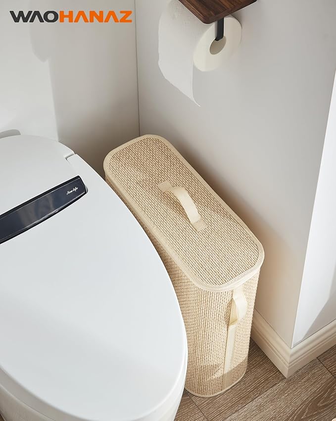 Bamboo Toilet Paper Storage Basket with Lid & Handle - 32L Large Capacity Handwoven Bathroom Organizer for 16 Rolls - Sturdy Stand Holder for Toilet Paper Organization, Light Natural