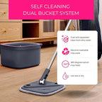 True & Tidy True Clean Spin Mop & Bucket System – Dual Compartment Design for Clean & Dirty Water, 360° Swivel Mop Head, Built-in Scrubbing Brush, Stainless Steel Handle & 2 Reusable Microfiber Pads
