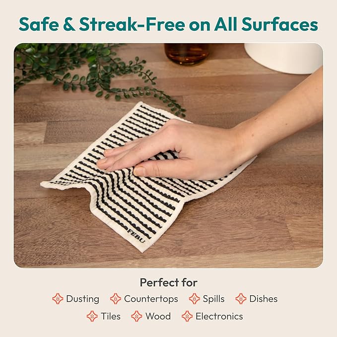 FEBU Swedish Dishcloths for Kitchen | 5 Pack Japanese Reusable Paper Towels Washable | Swedish Dish Towels | Non-Scratch Cellulose Sponge Cloths | No Odor, Biodegradable Cleaning Cloths