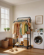 Sakugi Clothes Rack - Double Rods Clothing Rack with Mesh Shelf, Hooks & Wheels, Metal Clothing Racks for Hanging Clothes & Bags, Multifunctional Garment Rack for Laundry, Black, 28.7" x 16.5" x 59.1"