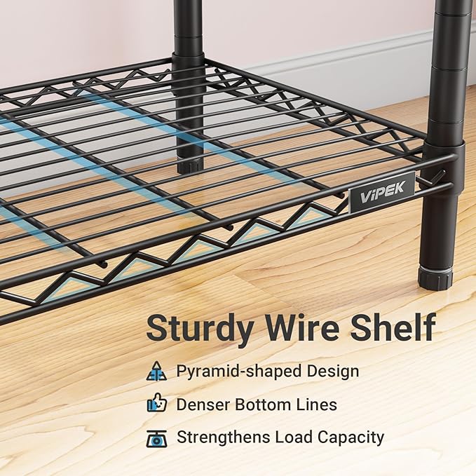 VIPEK R2 Plus Heavy Duty Rolling Garment Rack 3 Tiers Adjustable Wire Shelving Clothes Rack with Double Rods and Side Hooks, Freestanding Wardrobe Storage Rack Metal Clothing Rack, Black