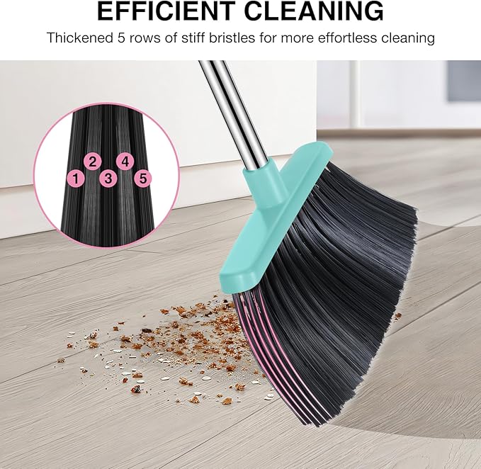 NACENA Broom and Dustpan Set, 52-in Long Adjustable Handle Broom Dustpan Combo with Dustpan Teeth to Automatically Clean Hair Suitable for Home Kitchen Office Hall Floor (Pink&Blue), 4 Pack
