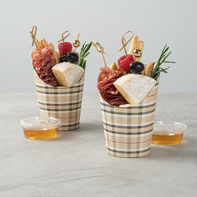 Restaurantware Bio Tek 12 Ounce French Fry Containers 100 Disposable Charcuterie Cups - Incline Design Round Plaid Paper French Fry Cups Stackable For Waffles Chips or Popcorn