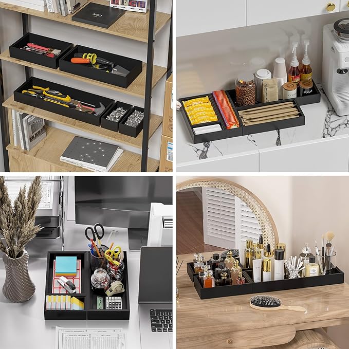 Bamboo Drawer Organizer, Extra Large Silverware Organizer for Kitchen Drawer, Stackable Utensil Organizer, 2 Pcs Toilet Tank Topper Tray, Wooden Toilet Paper Basket (Black, 17 X 6 X 2 Inch)