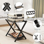 Fully Assembled Black Luggage Rack for Guest Room, Bamboo Folding Suitcase Stand with Fabric Storage Shelf, 5 Nylon Straps, Upgraded Luggage Rack Holder for Bedroom Hotel, Holds up to 165 Lbs, 1pcs