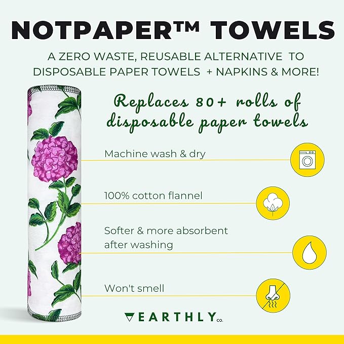 Reusable Paper Towels - 10 PACK - Roll of Washable Cotton Cloth Paper Towels - Paperless Reusable Napkins Cloth Washable - Absorbent + Long Lasting - Zero Waste Products - (Pink Hydrangea)