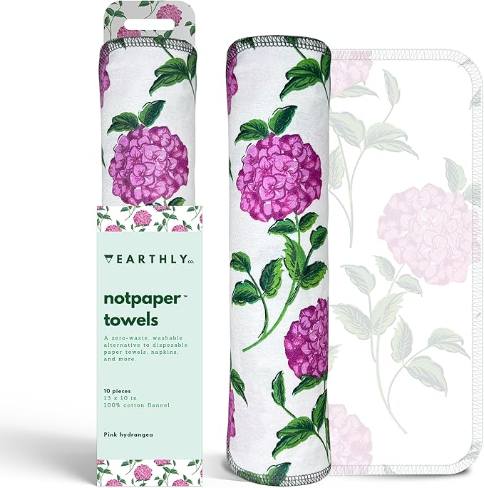 Reusable Paper Towels - 10 PACK - Roll of Washable Cotton Cloth Paper Towels - Paperless Reusable Napkins Cloth Washable - Absorbent + Long Lasting - Zero Waste Products - (Pink Hydrangea)