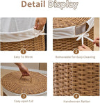 Round Wicker Laundry Hamper with Lid Handwoven Rattan Basket with Handles for Dirty Clothes, 2 Washable Liner Bags, No Assembly Required, Washable Basket, 90L