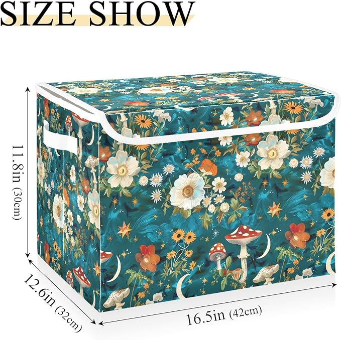 senya Large Storage Bins with Linen Collapsible Foldable Storage Cubes Fabric Closet Organizer Containers box with Flip-Top Lid for Home Bedroom Office 16.7 x 12.6 x 11.8in (Flowers Mushrooms Stars)
