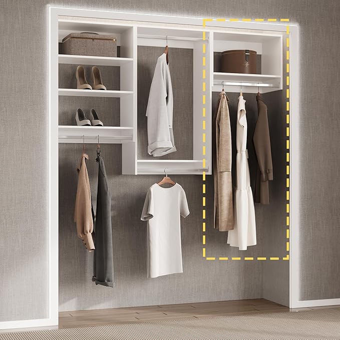 MODCART Tall Hanging Closet Unit, Modular Closet System, Wood Closet System Organizer with Storage for Walk In Closets, Clothing Rack Wardrobe Closet for Hanging Clothes, Bedroom, White, 28.5"W