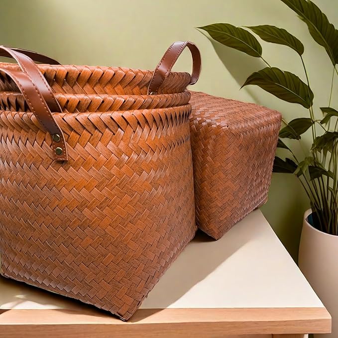 GIB Wicker Storage Baskets for Shelves, 11"x12" Round Woven Storage Cube Bins Organizer, Faux Rattan Wicker Blanket Basket for Organizing Clothes Toys Laundry Closet, 4 Pack, Brown