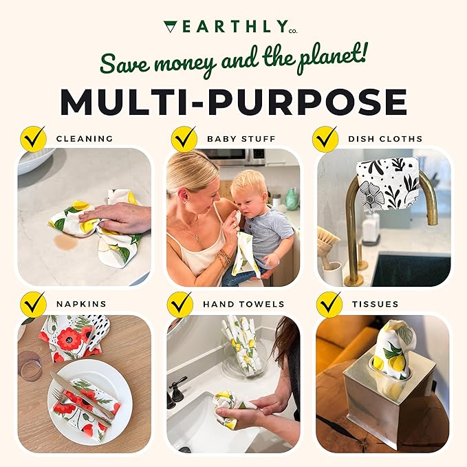 Reusable Paper Towels - 10 Pack - Roll of Washable Cotton Cloth Paper Towels - Paperless Reusable Napkins Cloth Washable - Absorbent + Long Lasting - Zero Waste Products - (Periwinkle)