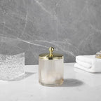 Tan Colored Tranlucent Apothecary Ribbed Geometric Etched Glass Jar W/Gold Metal Lid Cover for Bathroom Organization, Cotton Balls, Q Tips, and Small Accessories, Bathroom Storage