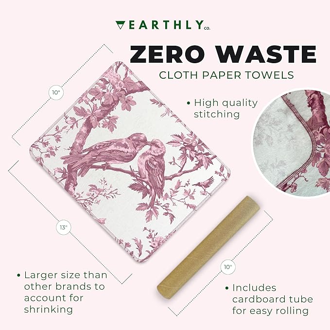 Reusable Paper Towels - 10 Pack - Roll of Washable Cotton Cloth Paper Towels - Paperless Reusable Napkins Cloth Washable - Absorbent + Long Lasting - Zero Waste Products - (Love Birds)