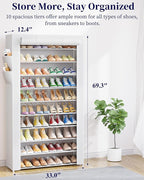 Kitsure Shoe Rack - 10-Tier Shoe Organizer with Zippered Dust Cover & Side Pockets, Easy to Assemble, Space Saving Shoe Rack for Closet, Entryway, Living Room, 33" x 12.4" x 69.3", White