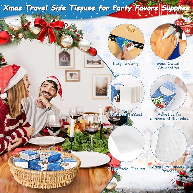 60 Pack Christmas Pocket Tissues 600 Sheets Merry Xmas Travel Packs 3 Ply Unscented Small Mini Individual Portable Travel Tissue Pack with Unique Embossing for Purse Holiday Party Travel