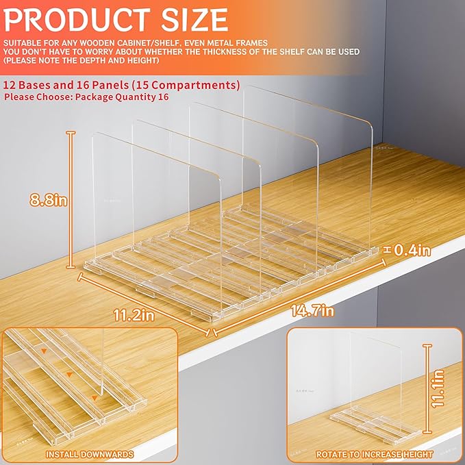 Yieach Clear Acrylic Shelf Dividers for Closet Organization,16Pack Adjustable Bags,Clutch,Purse Organizer and Storage,Handbag Organizer for Closets,Purse Divider,8.8″ Tall Sweater,Tshirt,Towel Divider