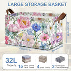 Pink Blue Flowers Storage Baskets,Floral Foldable Organizer Bin with Handles for Home Living Room Bedroom Closet Box 17x11.5x10Inch