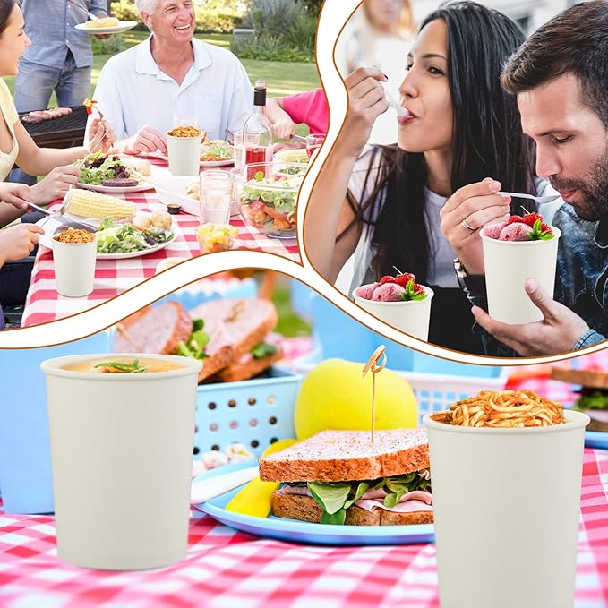 Sabary 50 Pack 32 oz Paper Soup Containers with Lid Disposable Kraft Soup Food Bowl Microwavable Food Storage Ice Cream Containers Nice for Restaurants (White)