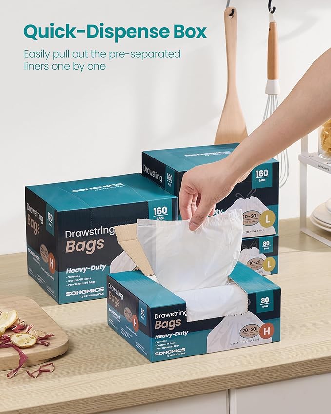 SONGMICS Trash Bags for 8-Gallon (30 L) Trash Cans, Drawstring Kitchen Garbage Bags, Pre-Separated, Quick-Dispense Box, Liner Code H, 2 Rolls, 80 Count, White UKRB031A02