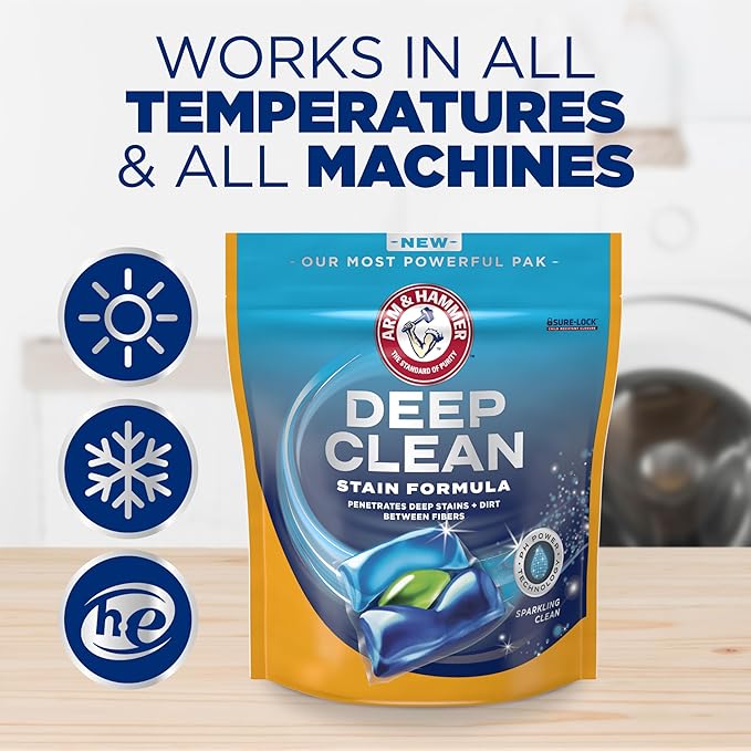 ARM & HAMMER™ Deep Clean Stain Formula Laundry Detergent Power Paks, Laundry Stain Remover, Sparkling Clean Scent, 44 Count, 44 Loads