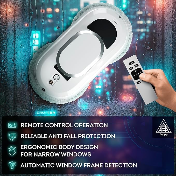 White Automatic Window Cleaner Robot W100, 11.8 x 5.9 x 4.7 Inch with 3 Modes and 10 Cloth Pads. Window Vacuum Cleaner for Windows Without Water Spray. Automatic Glass Cleaner Vacuum, 72dB