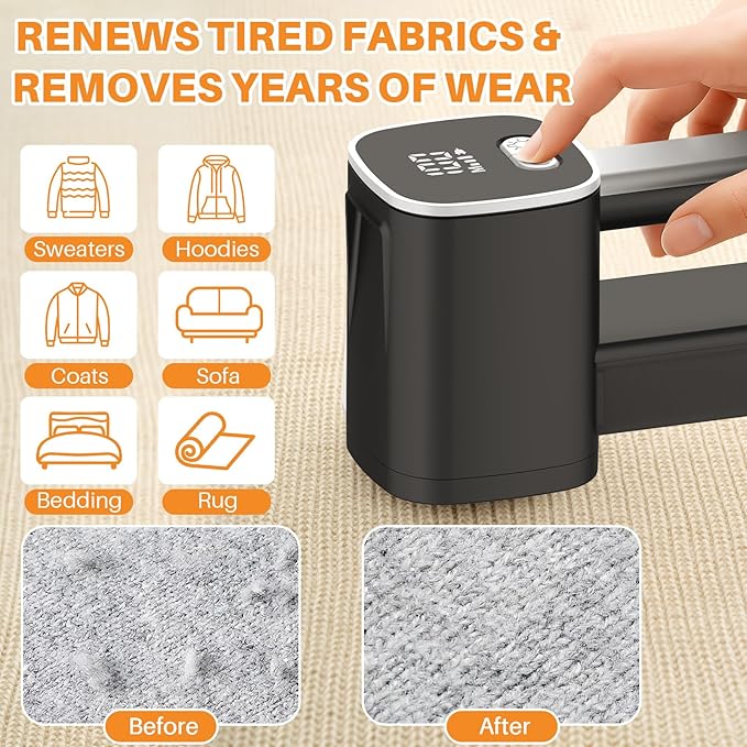 Rechargeable Fabric Shaver, Electric Lint Remover Sweater Shavers to Remove Pilling Fuzz & Pilling from Clothes Couch Furniture 3-Speed, 6-Leaf Blade, LED Display, USB Charging