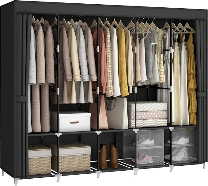 MOGELAFOO 83 Inch Wide Portable Closet Wardrobe, Clothes Storage Rack Organizer with Cover, 5 Clothes Hanging Rods and 10 Storage Shelves, Black