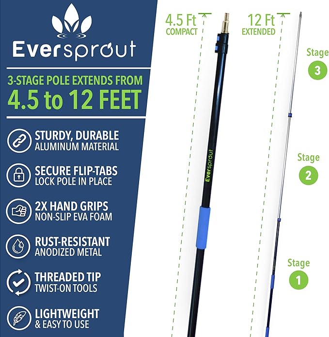 EVERSPROUT 5-to-14 Foot Flexible Microfiber Feather Duster and Extension Pole Combo (20 Foot Reach) | Lightweight, High-Grade Aluminum, 3-Stage Telescopic Pole | Extra Long 24-inch Feather Duster