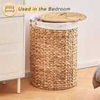 Round Water Hyacinth Laundry Hamper with Lid Handwoven Wicker Basket with Handles for Dirty Clothes, Storage, and Organization Ideal for Bedroom, Bathroom, and Laundry Room, No Assembly Required, 90L