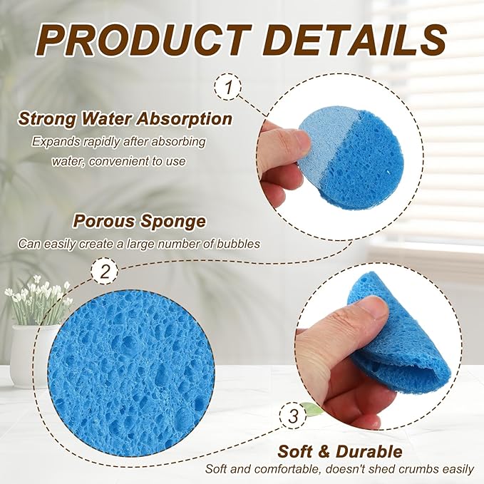 uxcell 10Pcs Cellulose Sponges, Round Kitchen Clean Sponges Non-Scratch Compressed Dish Scrubber for Kitchen Household Cookware Bathroom Cleaning & DIY, Blue