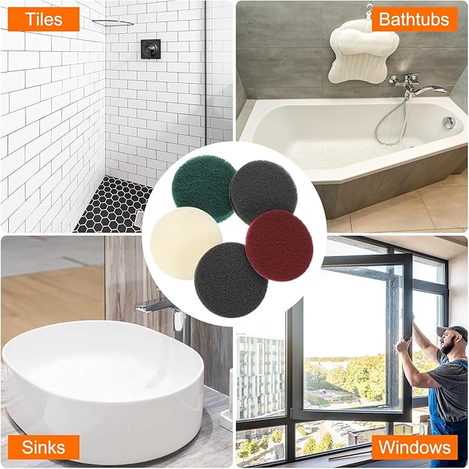 HARFINGTON 20pcs Scrubber Scouring Pads 450 Grits 4 Inch Drill Power Brush Hoop and Loop Surface Conditioning Disc Drill Scuffing Disc Scrub Pads for Home Kitchen Cleaning, White