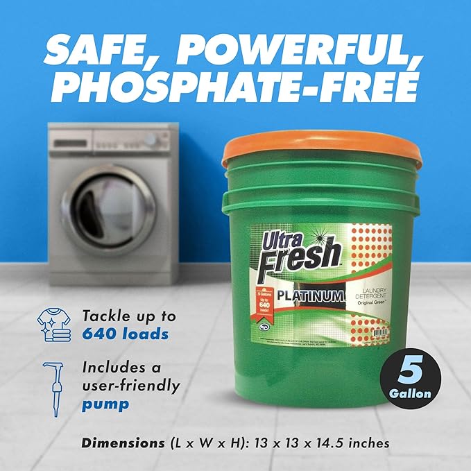 Ultra Fresh 3X Platinum 5 Gallon Laundry Detergent Liquid for All Machine Types with Easy Dispensing Pump, Up to 640 Loads, Original Green (4 Pack)