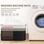 100L Extra Large Laundry Basket with Leather Handles for Living Room Storage, Woven Rope Baskets for Blanket, Kids Toy, Gifts, Wicker Hamper for Bedroom Dirty Clothes, 24"x16"x16" White Black