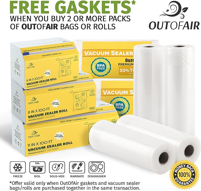 6" x 100' Mega Roll & Cutter Box Vacuum Sealer Bags Roll (No More Scissors) 4 mil 100 Foot OutOfAir, 33% Thicker, BPA Free, Sous Vide, Commercial Grade, Works with FoodSaver Sealers