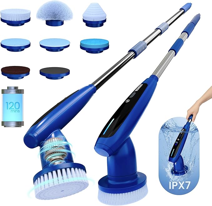 iKLYN Electric Spin Scrubber - Cordless Power with Long Handle, 8 Attachments, LED Display, 2 Speeds for Bathroom Shower Tub Bathtub Floor Cleaning
