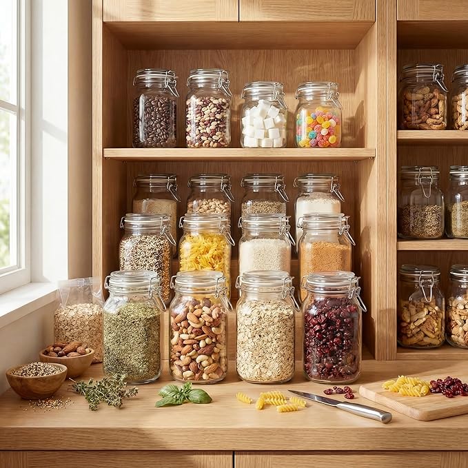 17oz - 6 Pack Square Glass Jars with Airtight Lid, Wide Mouth Mason Jars with Clamp Lids, Air Tight Glass Canisters, Best Food Storage Containers for Cereal, Pasta, Rice, Sugar, Coffee, Spice