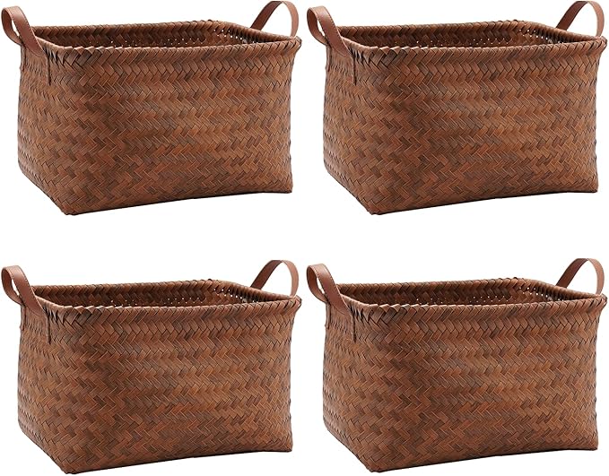 GIB Wicker Storage Baskets for Shelves, Woven Laundry Basket for Organizing Clothes Blanket Basket, Decorative Rectangular Closet Organizers Storage Bins with Handles, Brown, 4 Pack