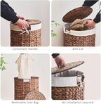 Round Water Hyacinth Laundry Hamper with Lid Handwoven Wicker Basket with Handles for Dirty Clothes, Storage, and Organization Ideal for Bedroom, Bathroom, and Laundry Room, No Assembly Required, 90L