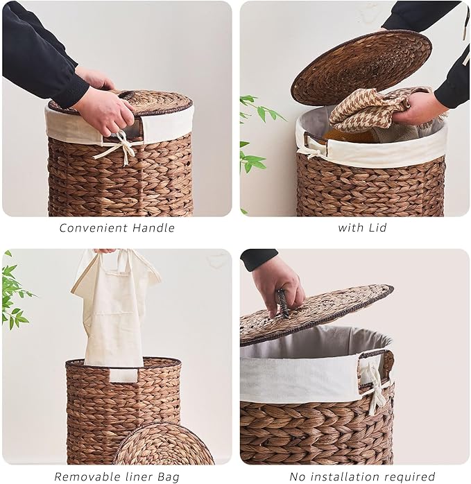 Round Water Hyacinth Laundry Hamper with Lid Handwoven Wicker Basket with Handles for Dirty Clothes, Storage, and Organization Ideal for Bedroom, Bathroom, and Laundry Room, No Assembly Required, 90L