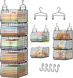 Capacity Upgrade Edition Deeper 4'' 5 Tier Foldable Hanging Closet Organizer and Storage，Wire Cabinet Shelves and Rack with 5 S Hooks,Stackable Metal Basket Bins for Clothes Shoe Purse,Black