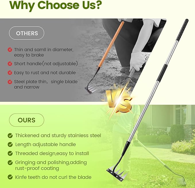 Iron Weeding Rake with Long Handle - Upgraded 5 Teeth Weed Puller Tool, Heavy Duty Manual Weeder Remover Tool for Weeding, Cultivating & Soil Aeration