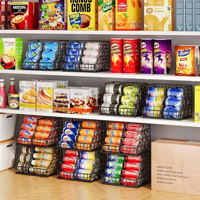 Stackable Can Organizer for Pantry with 2 Adjustable Dividers, Soda Can Organizer, Can Storage Dispenser Holds up to 28 Cans, 2 tier Metal Wire Baskets Can Holder for Kitchen Cabinet Pantry, Black