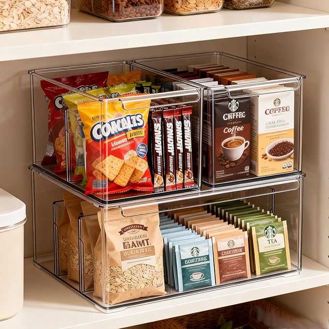 Clear Plastic Storage Bins with Dividers for Kitchen Pantry Organization, 3 Pack Large Thicken Stackable Storage Drawer Boxes for Refrigerator Cabinets Vanity Organizers and Storage, C6-2