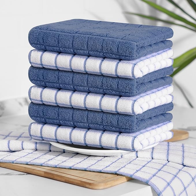 Homaxy Premium Cotton Kitchen Towels 16"x 28", Large Natural Ring Spun 390 GSM Dish Towels, Super Absorbent Terry Kitchen Hand Towels, Soft Tea Towel with Hanging Loop, Navy Blue Check Design, 8 Pack