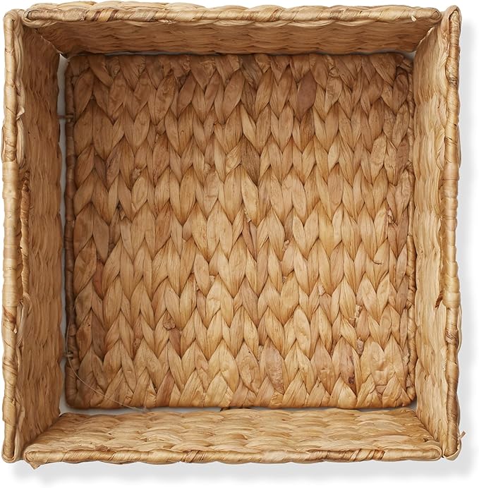 Casafield 10.5" x 10.5" Water Hyacinth Storage Baskets, Natural - Set of 2 Collapsible Cube Organizers, Woven Bins for Bathroom, Bedroom, Laundry, Pantry, Shelves