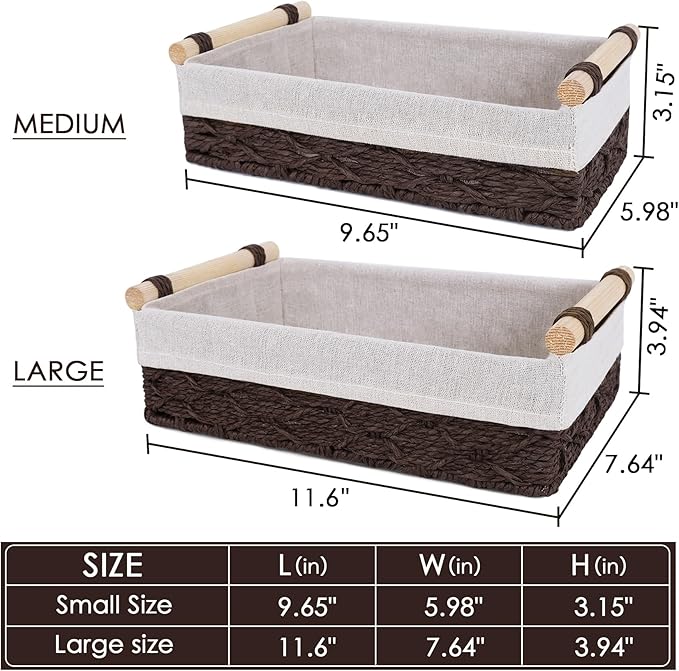 Wicker Storage Basket with Wooden Handle – Paper Rope Decorative Toilet Paper Baskets & Bathroom Organizer for Toilet Tank Top, Shelves, Bedroom, Countertop,Home,Office Storage Bins, 2 Pack,Brown