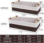 Wicker Storage Basket with Wooden Handle – Paper Rope Decorative Toilet Paper Baskets & Bathroom Organizer for Toilet Tank Top, Shelves, Bedroom, Countertop,Home,Office Storage Bins, 2 Pack,Brown